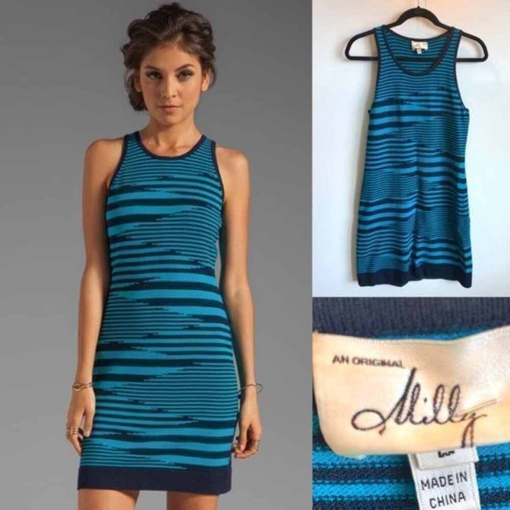 MILLY November Knit Mirage Sleeveless Aqua & Navy Dress in Size L